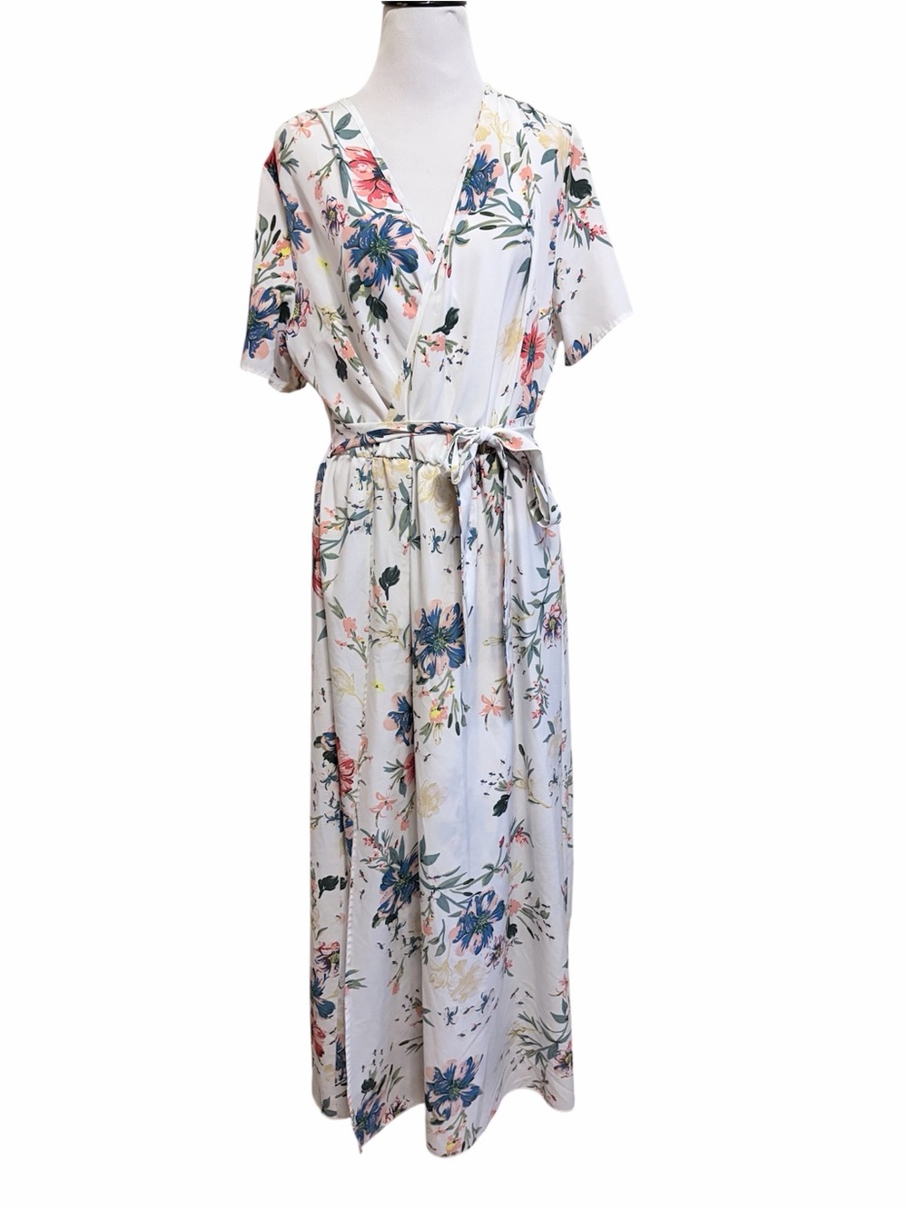 Shein 0XL Women's White Floral Short-Sleeve Belted surplice Maxi Dress